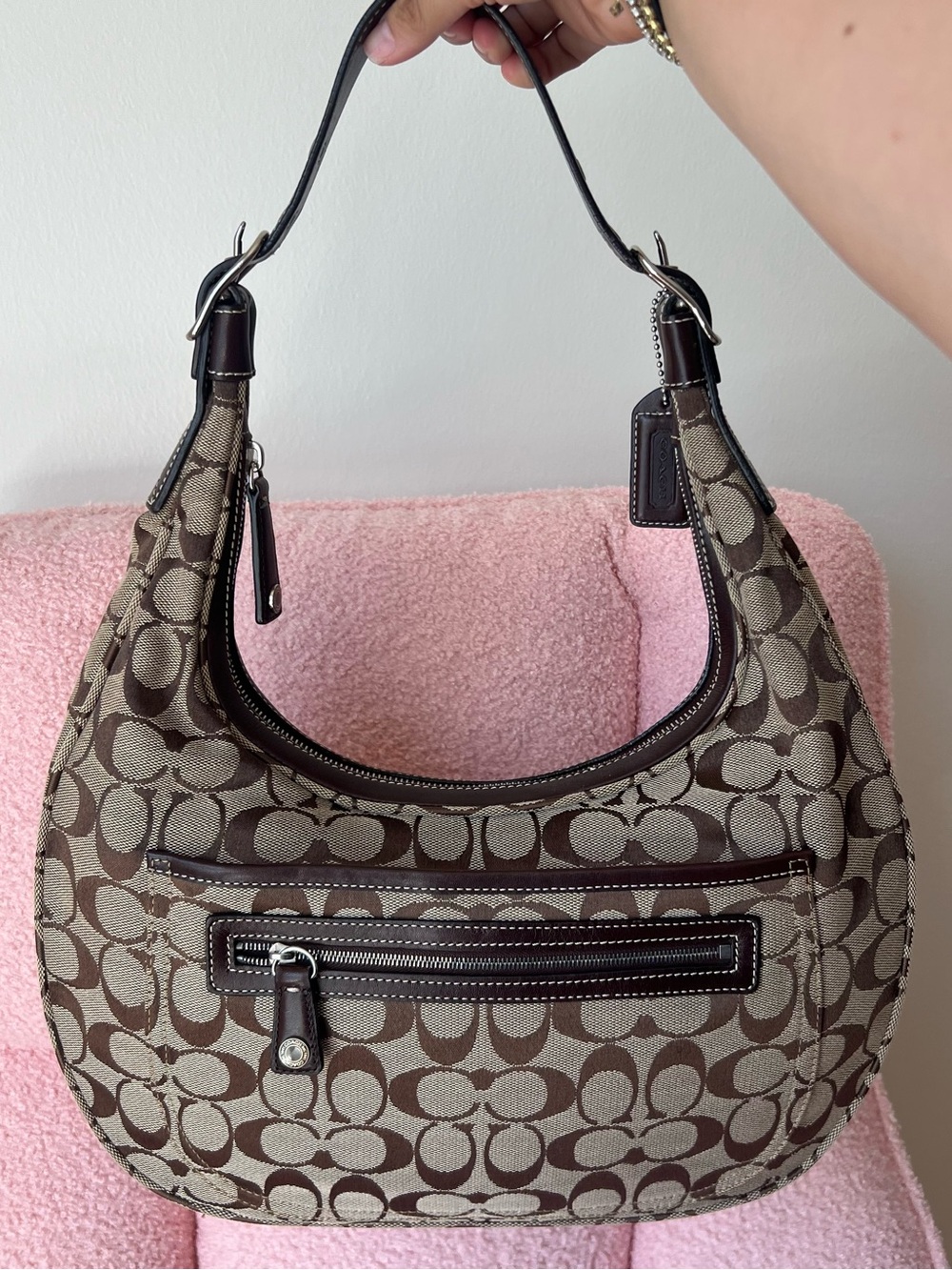 Vintage Y2K-era Signature Jacquard Crescent Hobo Shoulder Bag
